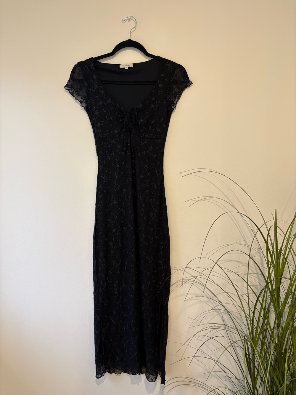 Black Lace-Detail Midi Dress with Tie Front